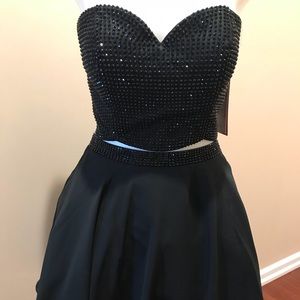 Blush 2 piece, strapless black beaded formal.